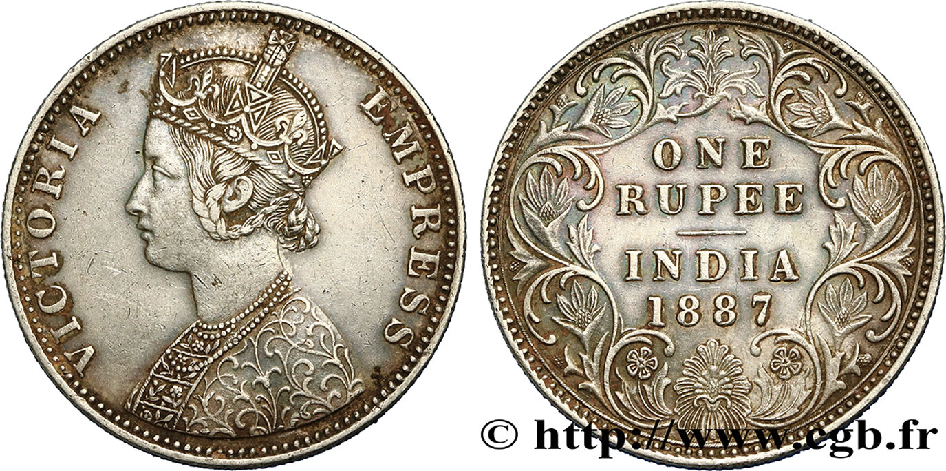 BRITISH INDIA 1 Roupie Victoria 1887 Bombay AU 