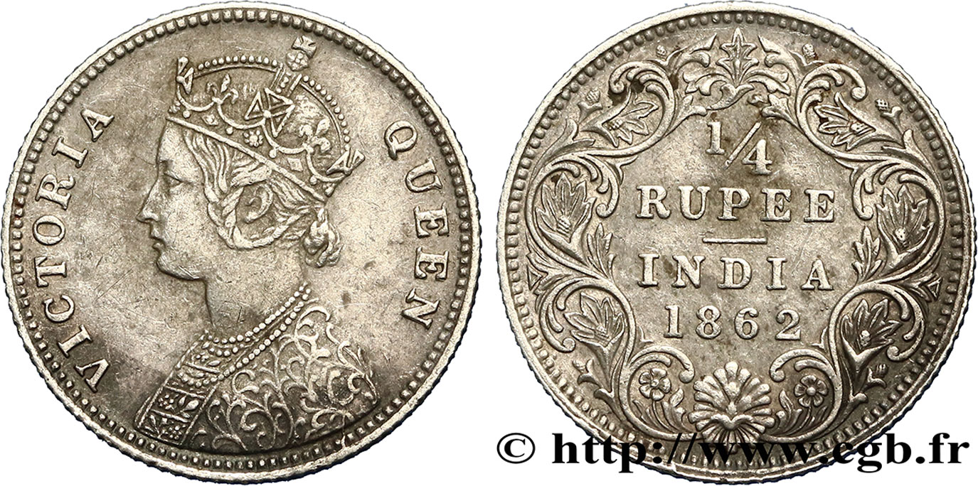 INDES BRITANNIQUES 1/4 Roupie Victoria 1862 Calcutta TB+ 