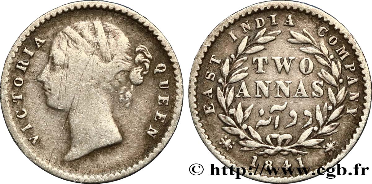 INDES BRITANNIQUES 2 Annas East India Company Victoria 1841 Calcutta TB