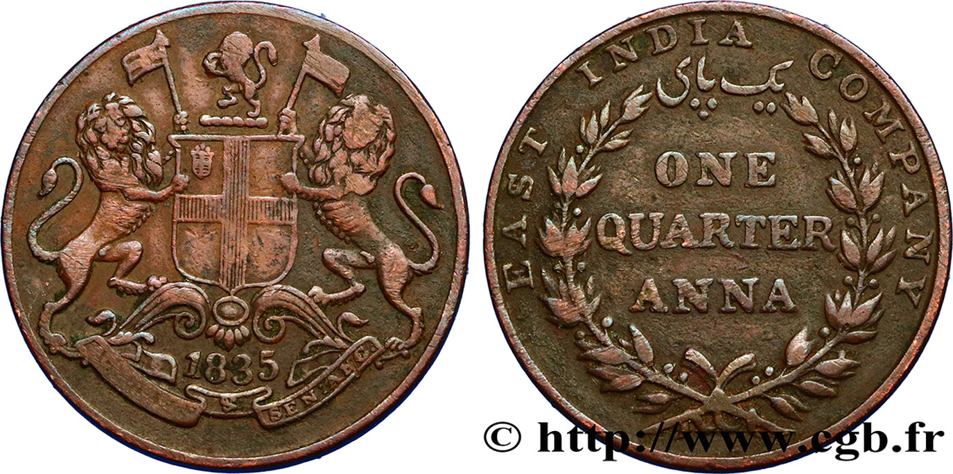 INDES BRITANNIQUES 1/4 Anna East India Company 1835 Calcutta TTB 