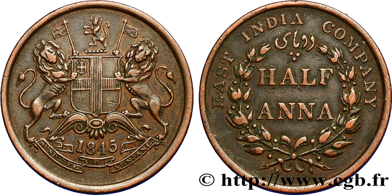 BRITISH INDIA 1/2 Anna East India Company 1845 Calcutta AU 