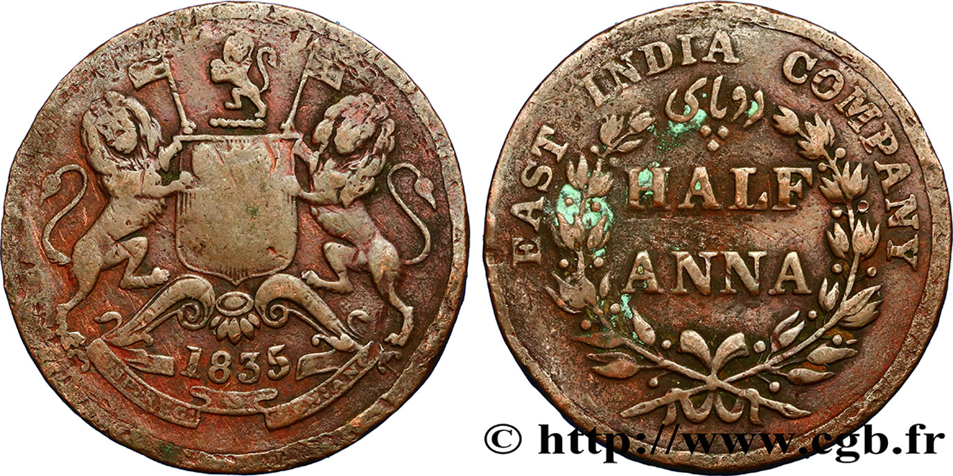 INDIA BRITANNICA 1/2 Anna East India Company 1835 Madras MB 