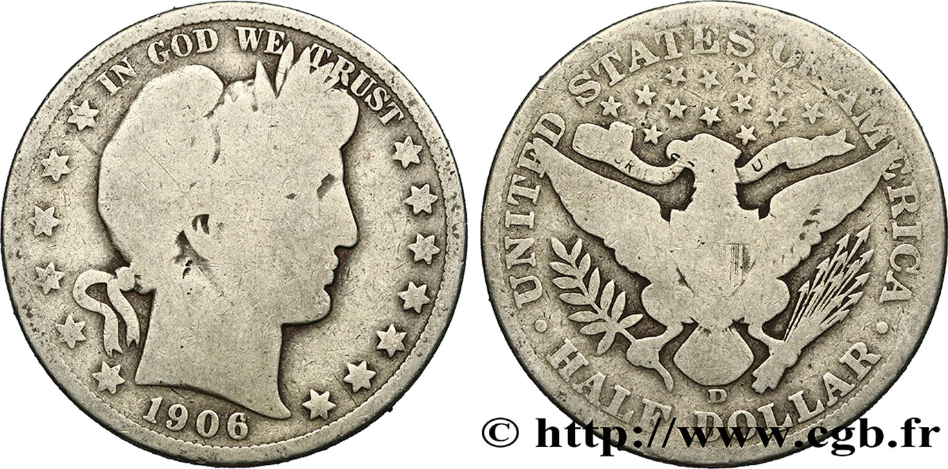 UNITED STATES OF AMERICA 1/2 Dollar Barber 1906 Denver F 