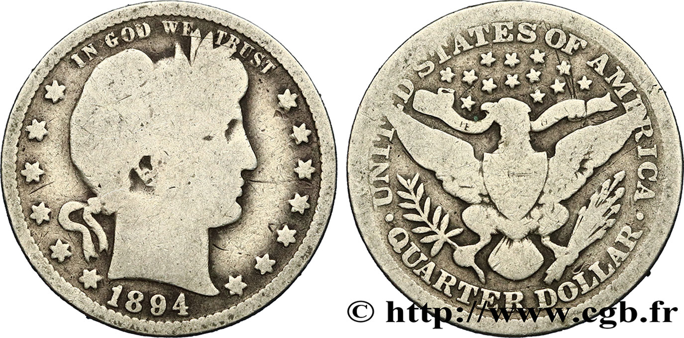 ÉTATS-UNIS D AMÉRIQUE 1/4 Dollar Barber 1894 Philadelphie B+ 