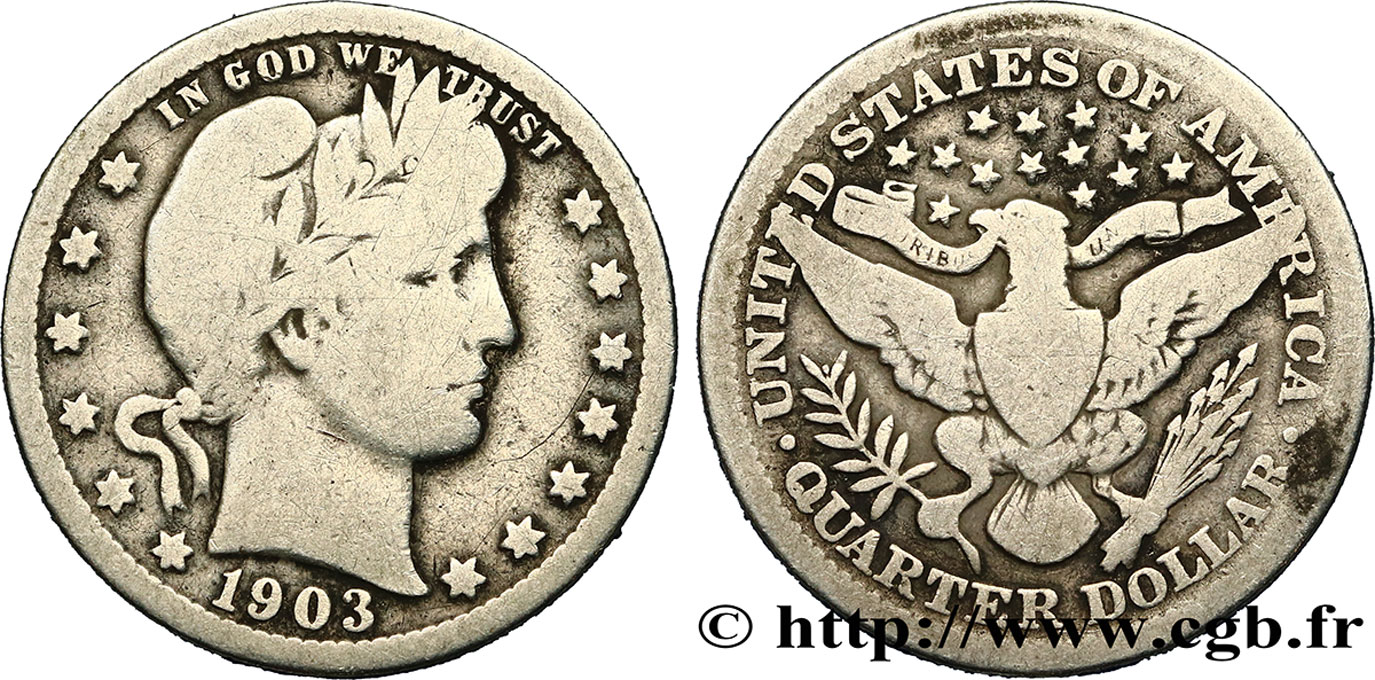 ÉTATS-UNIS D AMÉRIQUE 1/4 Dollar Liberty Barber 1903 Philadelphie TB 