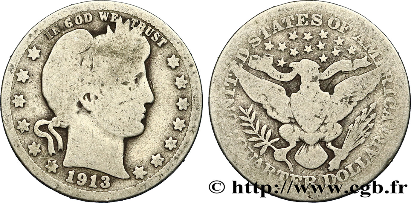 ÉTATS-UNIS D AMÉRIQUE 1/4 Dollar Barber 1913 Philadelphie TB