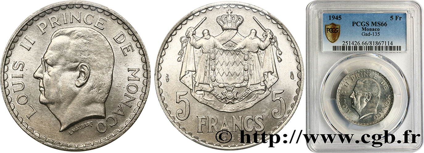 MONACO 5 Francs Louis II 1945 Paris FDC66 PCGS