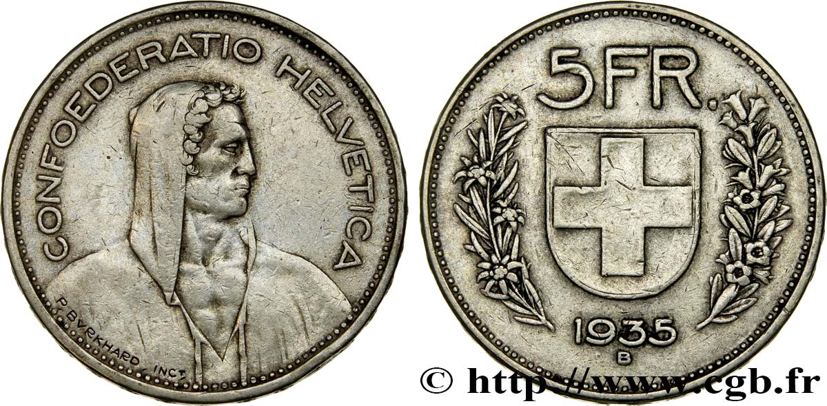 SWITZERLAND 5 Francs Berger des Alpes 1935 Berne XF