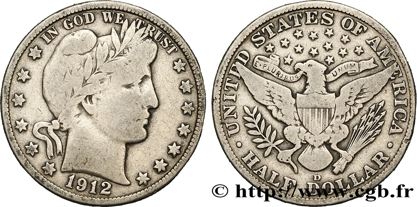 UNITED STATES OF AMERICA 1/2 Dollar Barber 1912 Denver VF 