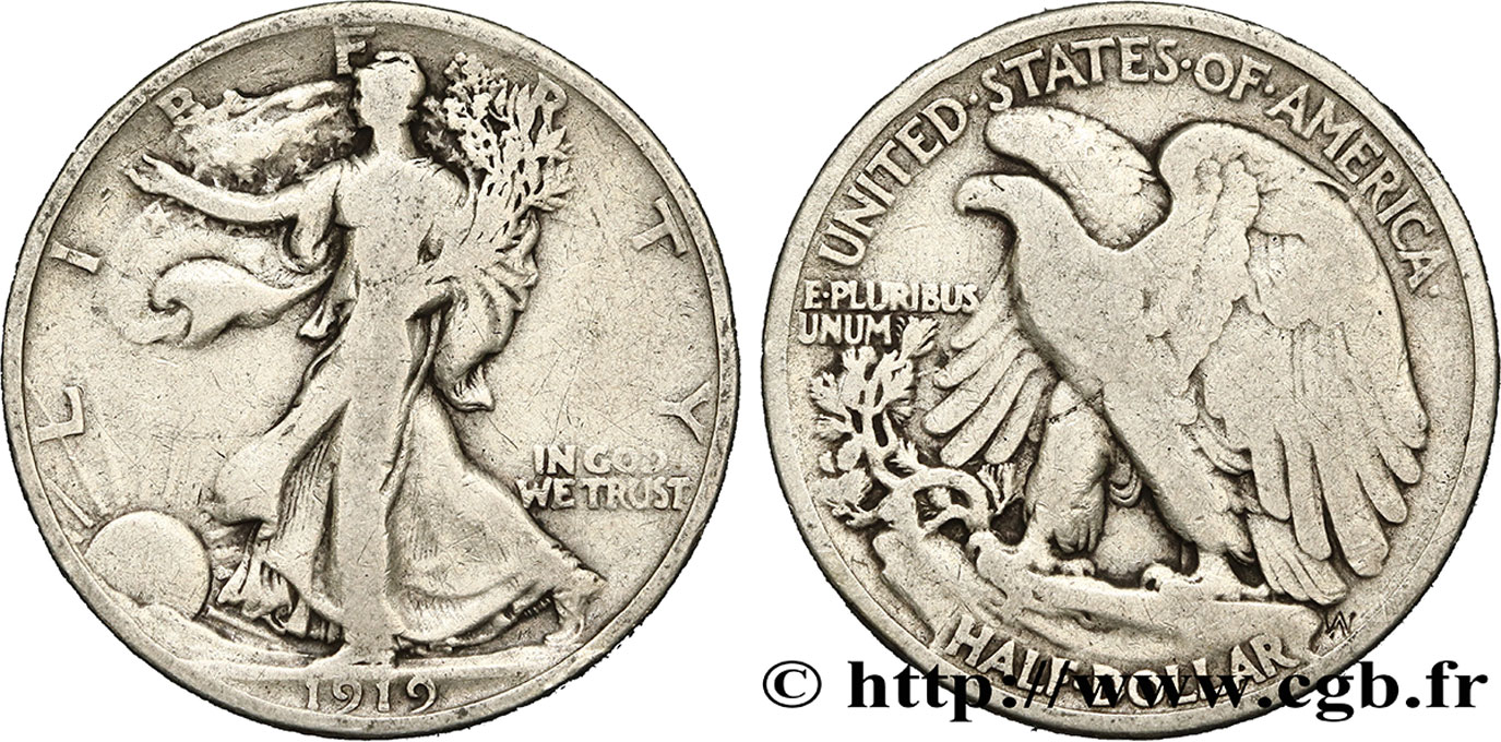ÉTATS-UNIS D AMÉRIQUE 1/2 Dollar Walking Liberty 1919 Philadelphie B+ 