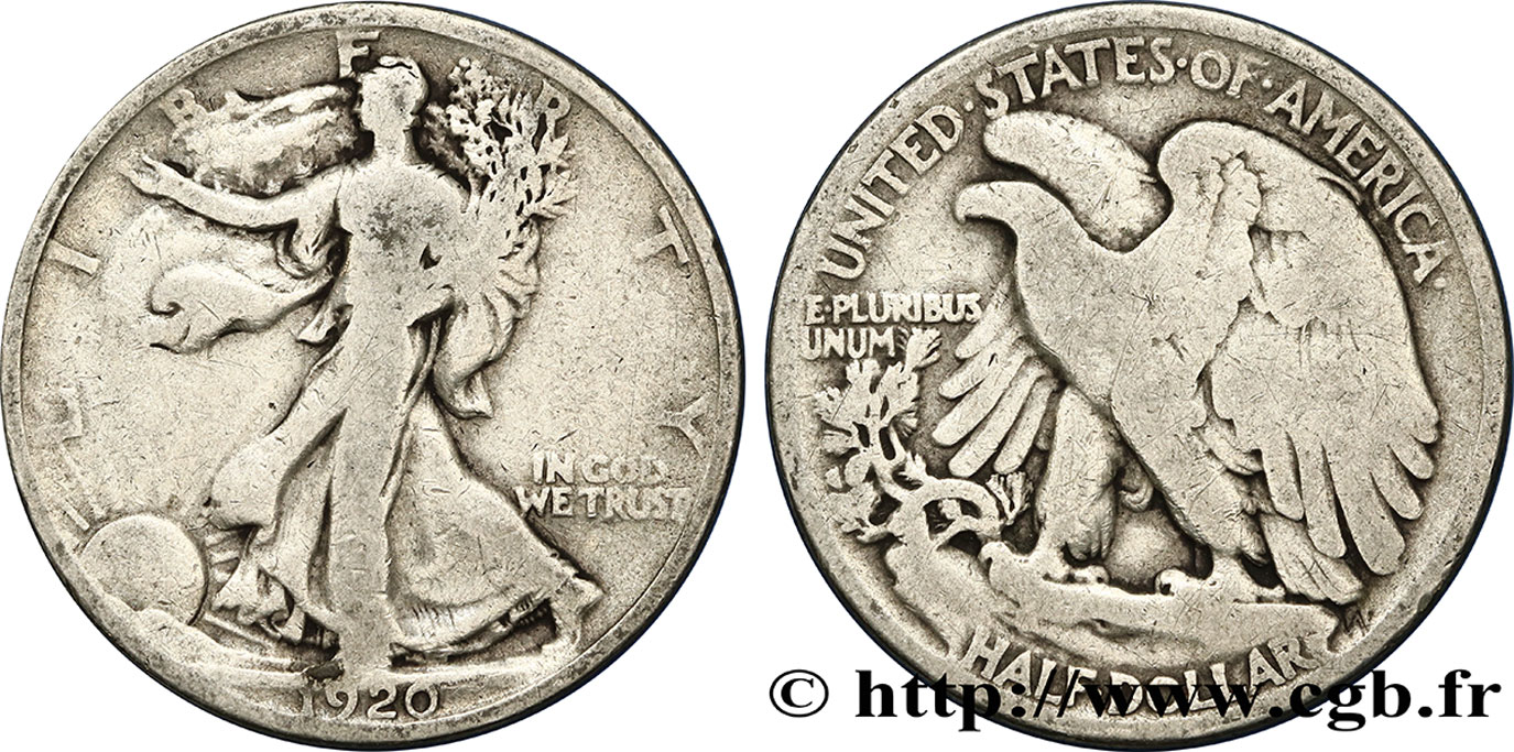 ÉTATS-UNIS D AMÉRIQUE 1/2 Dollar Walking Liberty 1920 Philadelphie B+ 