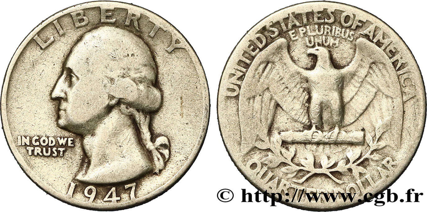 ÉTATS-UNIS D AMÉRIQUE 1/4 Dollar Georges Washington 1947 Philadelphie TB+ 