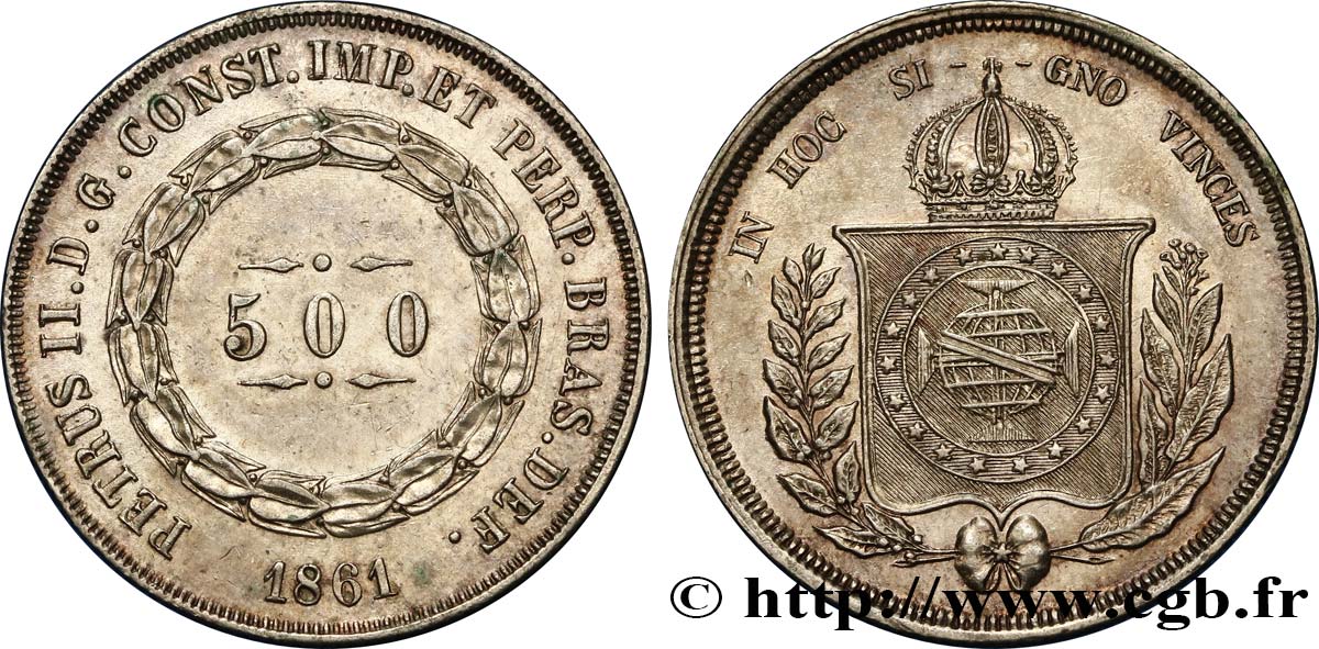 BRAZIL 500 Reis Pierre II 1861  AU 