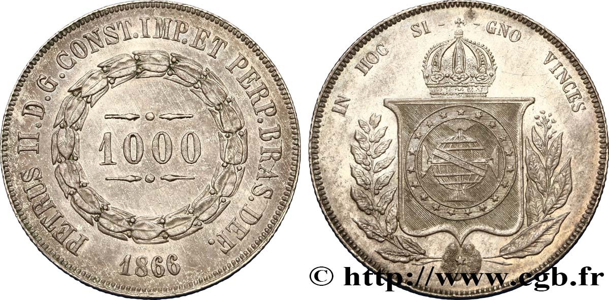 BRAZIL 1000 Reis Empereur Pierre II 1866  AU 