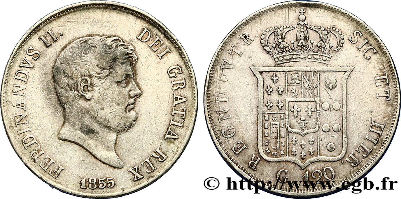 ITALIE - ROYAUME DES DEUX-SICILES 120 Grana Ferdinand II 1855 Naples TB+ 