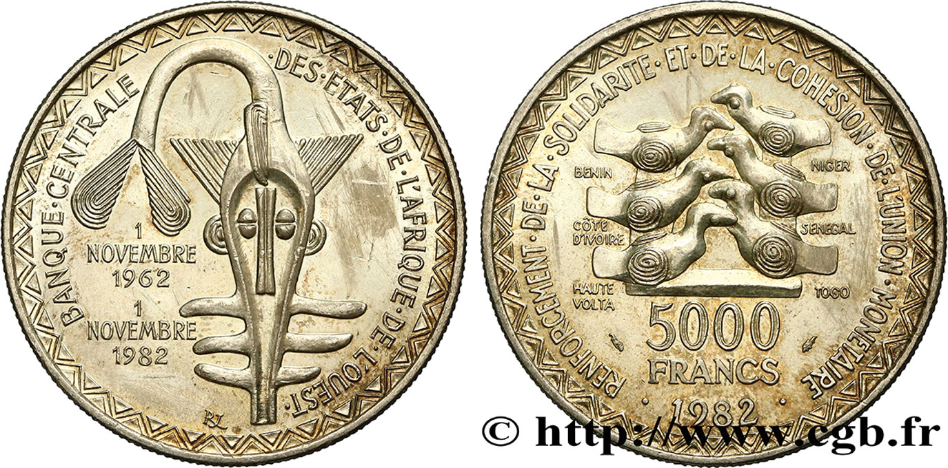 ÉTATS DE L AFRIQUE DE L OUEST (BCEAO) 5000 Francs masque 20e anniversaire de l’Union Monétaire 1982  SUP 