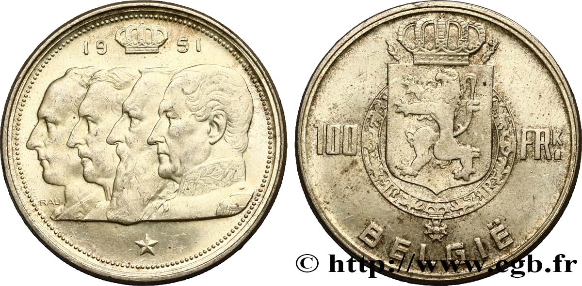 BELGIQUE 100 Francs Quatre rois de Belgique, légende flamande 1951  SPL 
