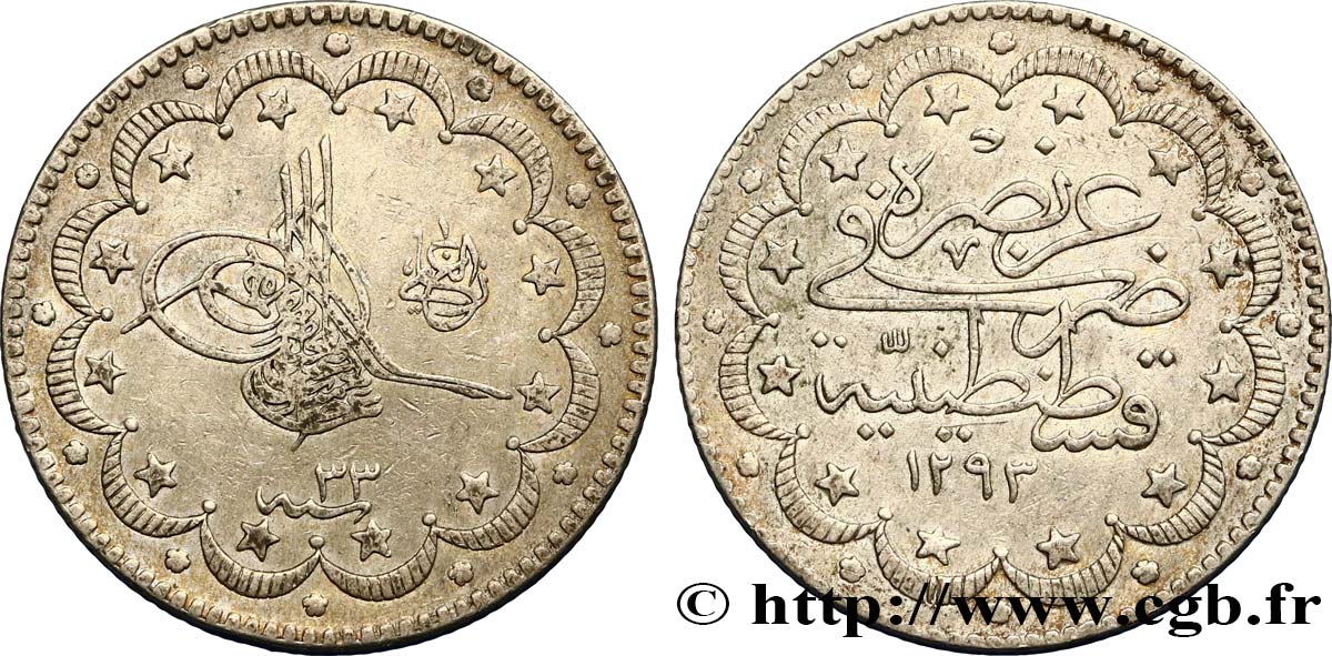 TURQUIE 10 Kurush au nom de Abdul Hamid II AH1293 an 33 1907 Constantinople TTB+ 