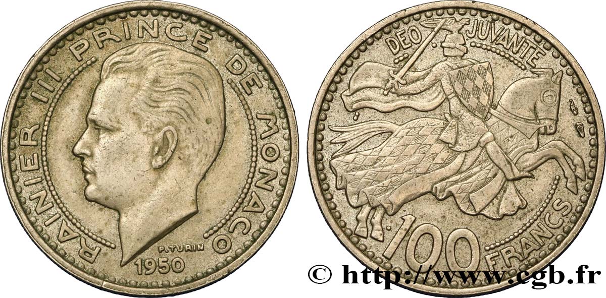 MONACO 100 Francs Rainier III / chevalier Grimaldi 1950 Paris TTB+ 