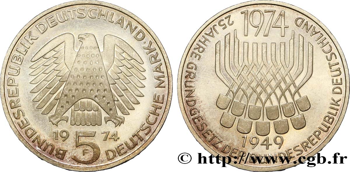 ALLEMAGNE 5 Mark (Proof) / 25e anniversaire de la République Fédérale 1974 Stuttgart - F SPL 