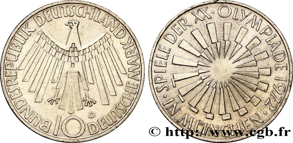 ALLEMAGNE 10 Mark XXe J.O. Munich / aigle type “IN DEUTSCHLAND” 1972 Munich SUP 
