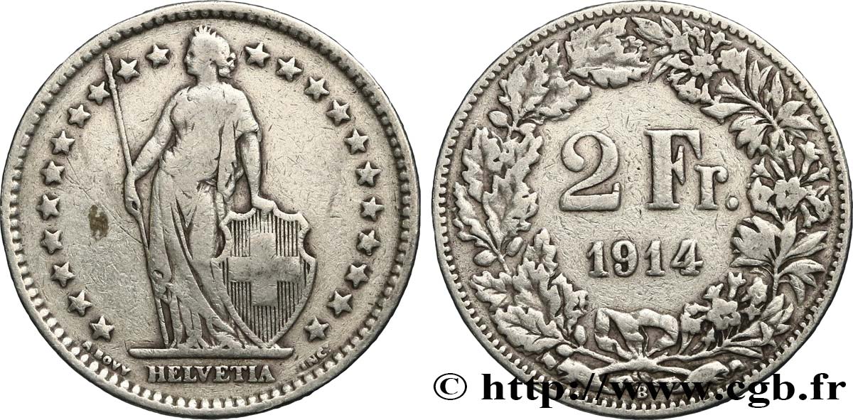 SWITZERLAND 2 Francs Helvetia 1914 Berne - B VF 