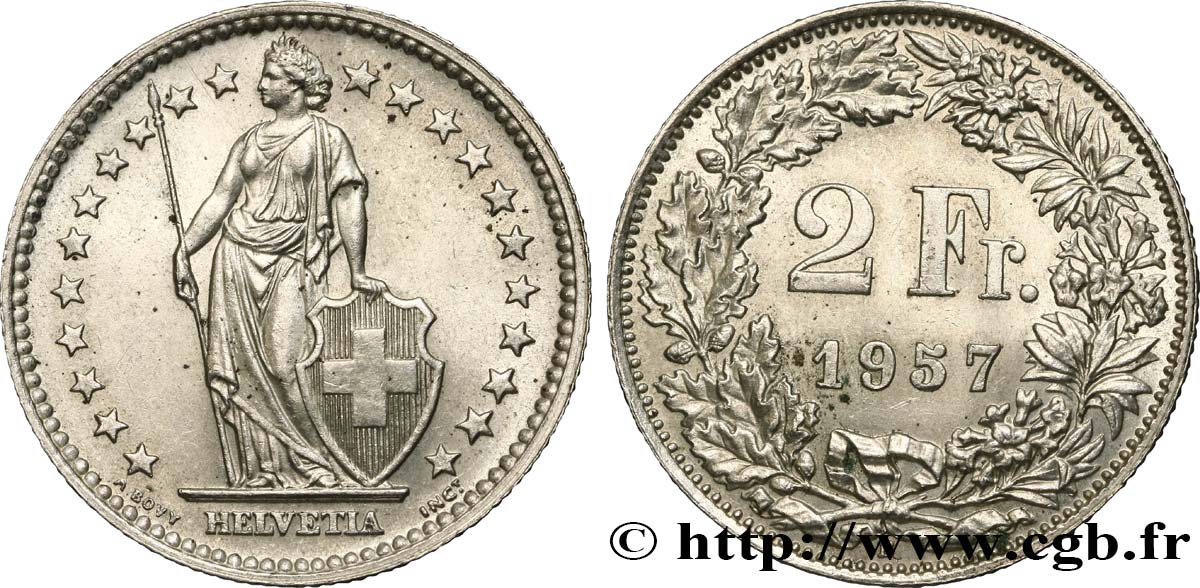 SVIZZERA  2 Francs Helvetia 1957 Berne SPL 
