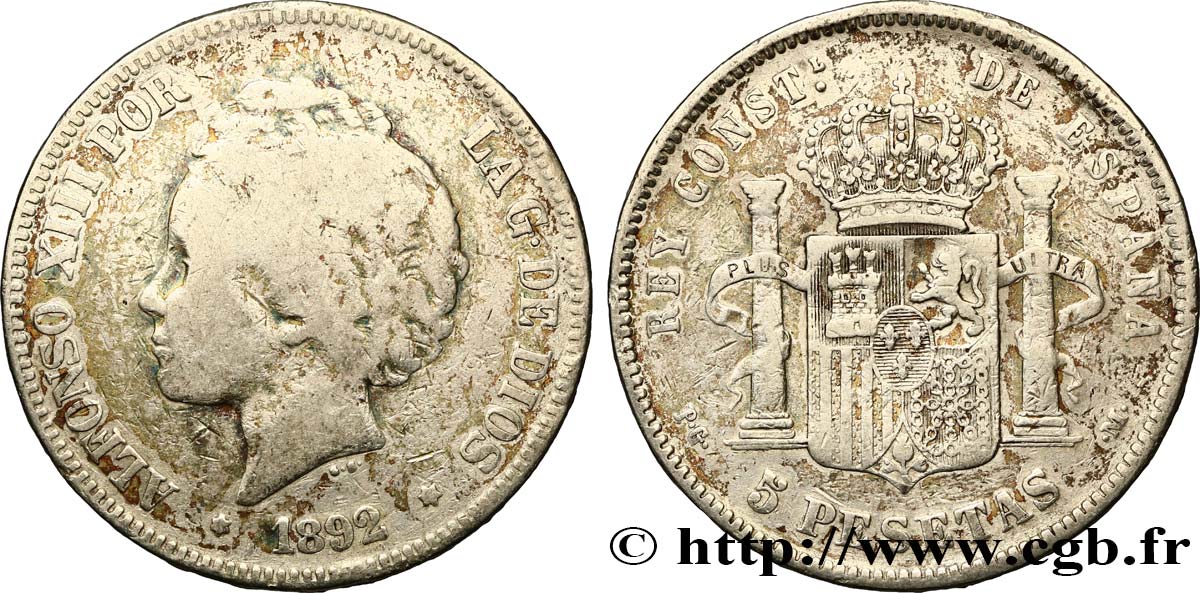 ESPAGNE 5 Pesetas Alphonse XIII 2e type 1892 Madrid TB