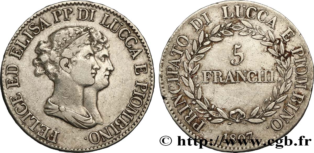 ITALIE - LUCQUES ET PIOMBINO 5 Franchi 1807 Florence TB+ 