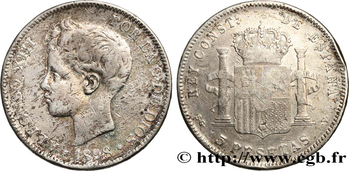 ESPAGNE 5 Pesetas Alphonse XIII 3e type 1898 Madrid TB