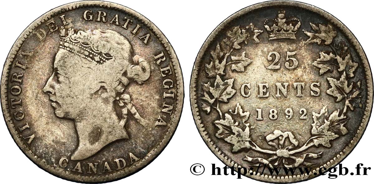 CANADA 25 Cents Victoria 1892  TB 