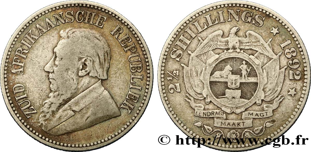 AFRIQUE DU SUD 2 1/2 Shillings président Kruger 1892  TB+ 
