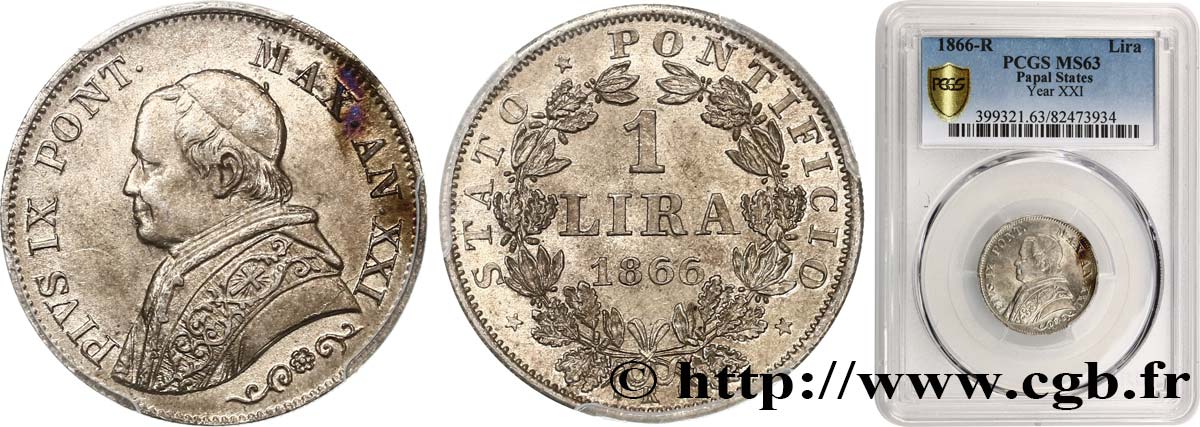 VATICAN AND PAPAL STATES 1 Lire Pie IX type petit buste an XXI 1866 Rome MS63 PCGS