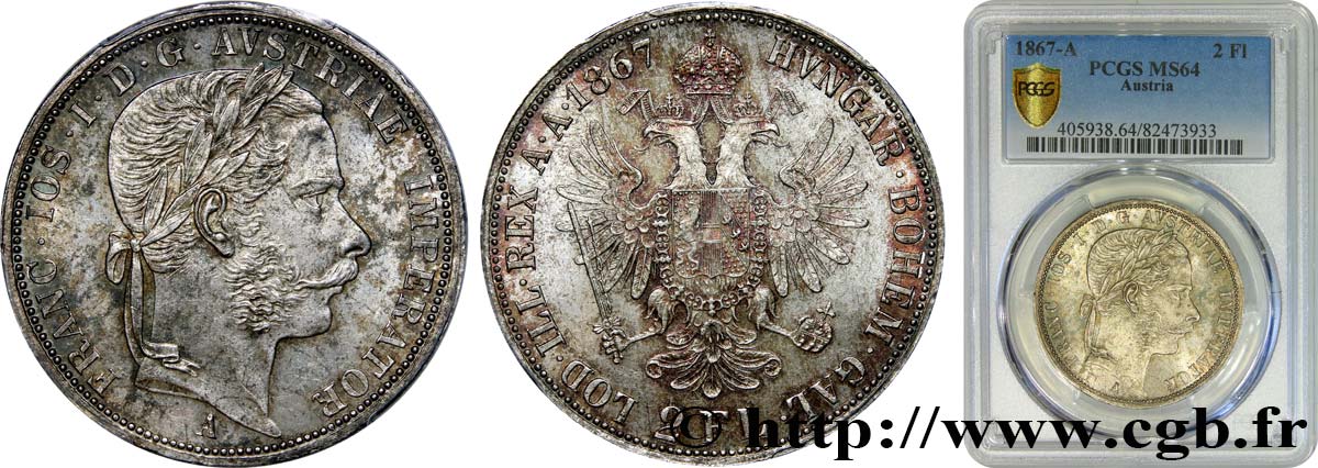 AUSTRIA - FRANZ-JOSEPH I 2 Florins 1867 Vienne MS64 PCGS