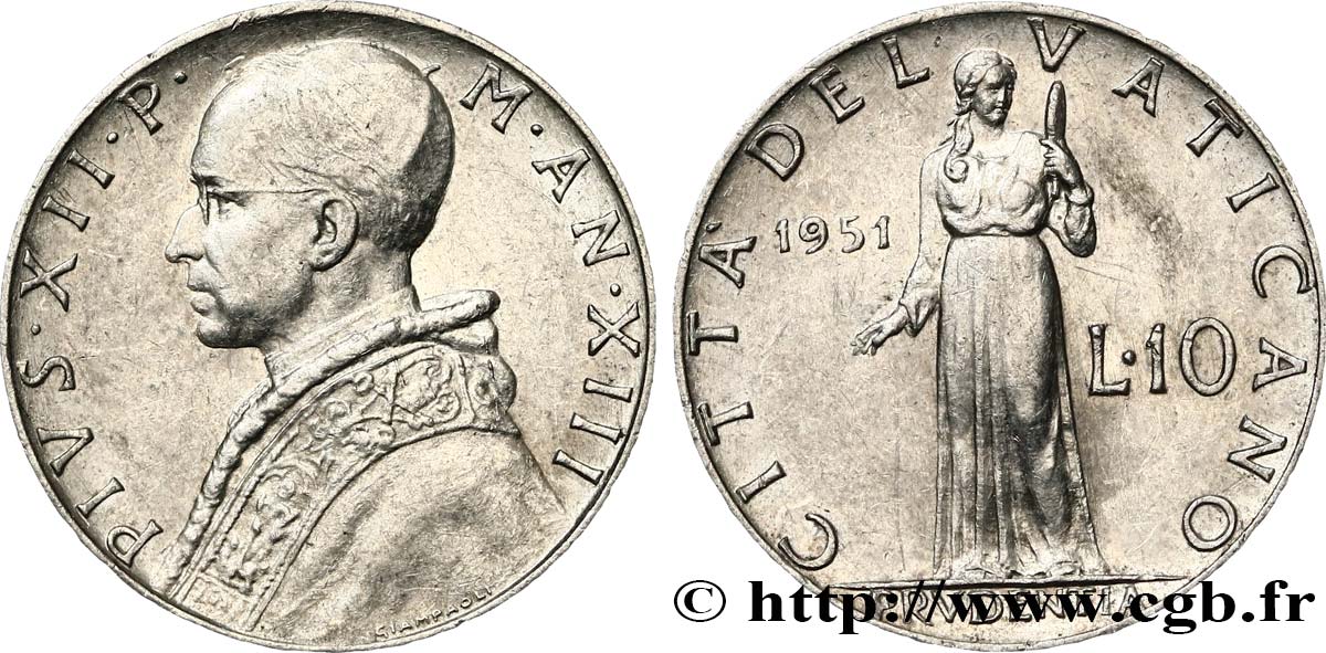 VATICAN AND PAPAL STATES 10 Lire Pie XII an XIII 1951  AU 