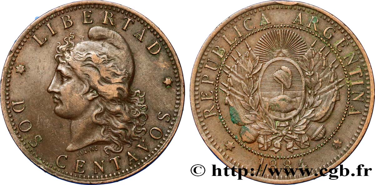 ARGENTINA 2 Centavos emblème / “Liberté” 1884  MBC 