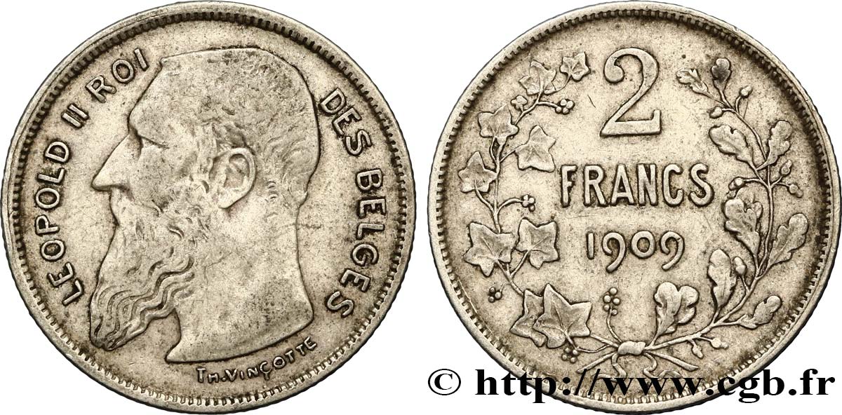 BELGIQUE 2 Francs Léopold II légende française 1909 TB+