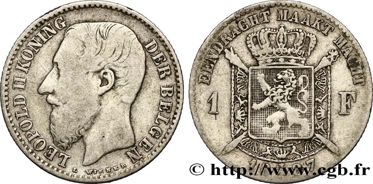 BELGIQUE 1 Franc Léopold II légende flamande 1887 TB
