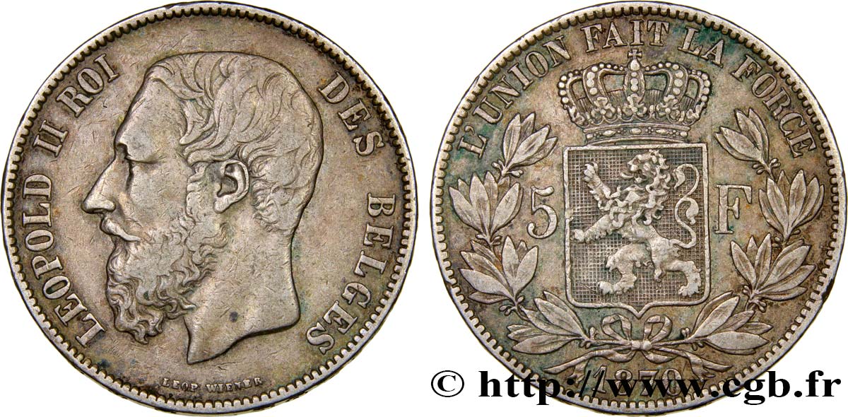 BELGIQUE 5 Francs Léopold II 1870 TB+