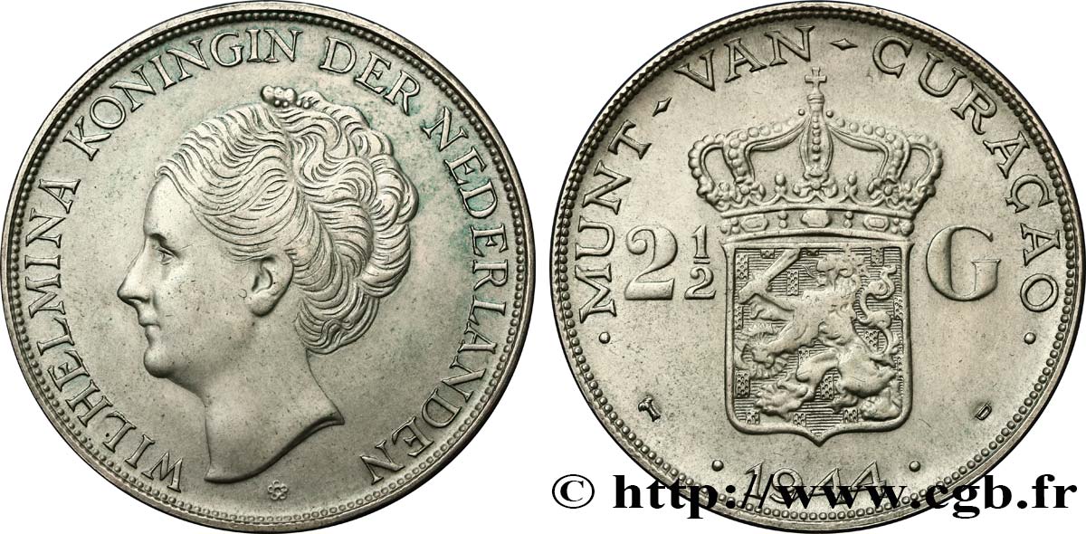 CURACAO 2 1/2 Gulden reine Wilhelmina des Pays Bas 1944 Denver - D AU 