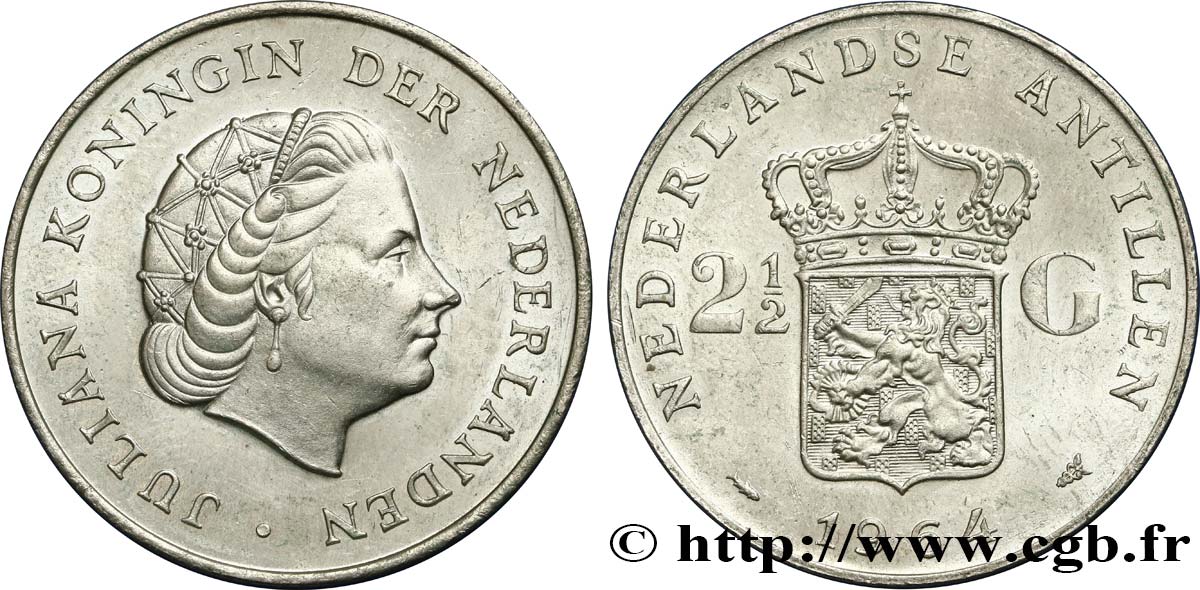 ANTILLES NÉERLANDAISES 2 1/2 Gulden reine Juliana 1964 Utrecht SUP 