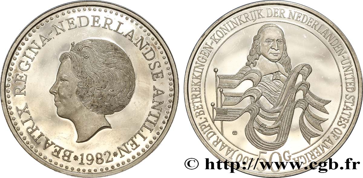 ANTILLES NÉERLANDAISES 50 Gulden Proof 200 ans de relations diplomatiques-Royaume des Pays-Bas - États-Unis d’Amérique 1982 York Mint SUP 