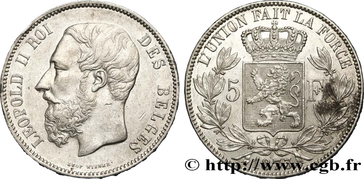 BELGIUM 5 Francs Léopold II 1873  AU 