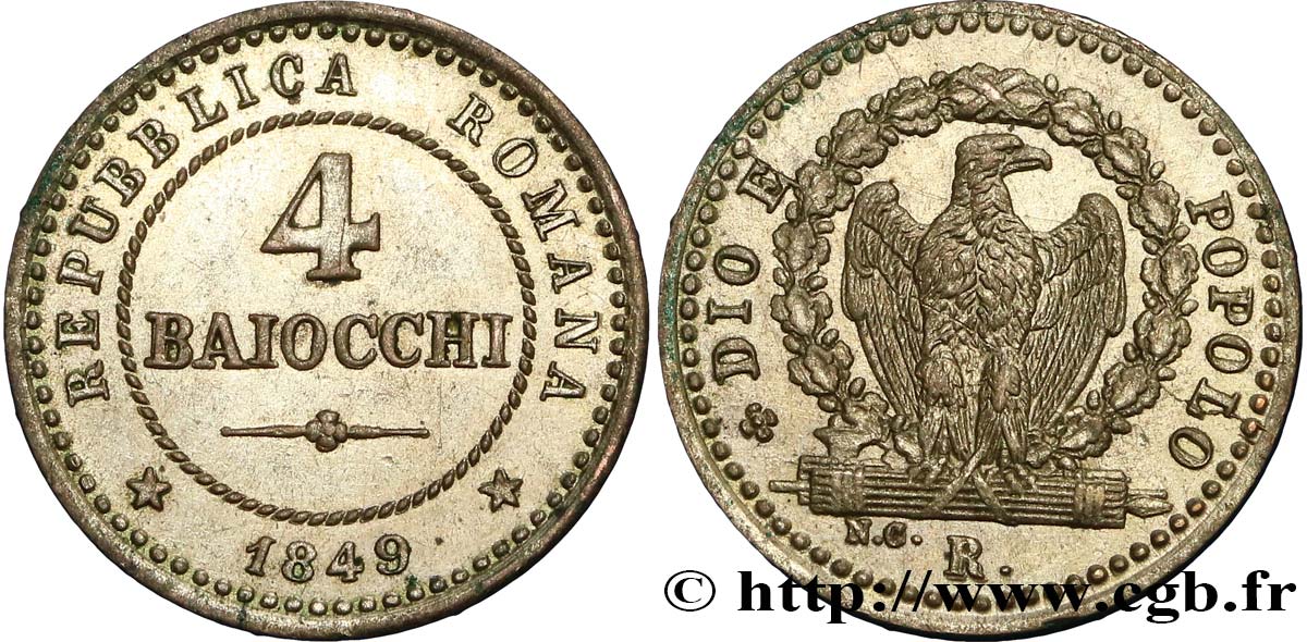 ITALIE - RÉPUBLIQUE ROMAINE 4 Baiocchi République Romaine aigle sur faisceaux 1849 Rome SUP 