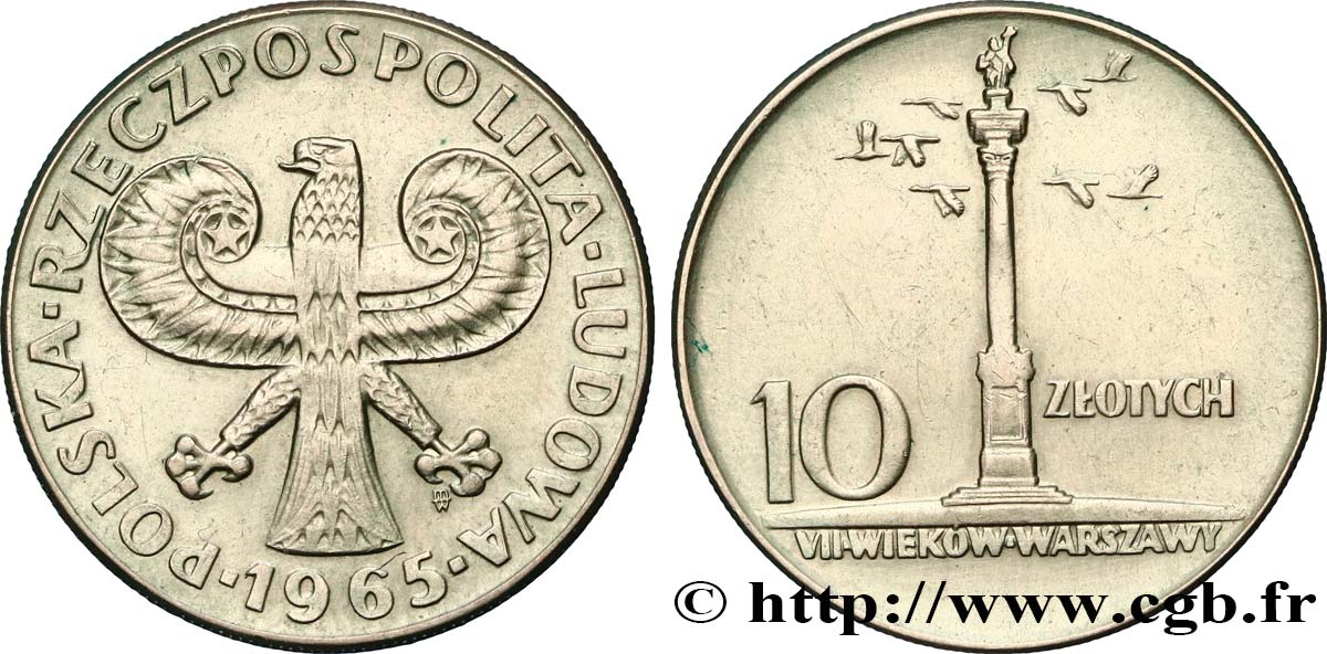 POLONIA 10 Zlotych aigle / 700e anniversaire de Varsovie, colonne 1965 Varsovie EBC 