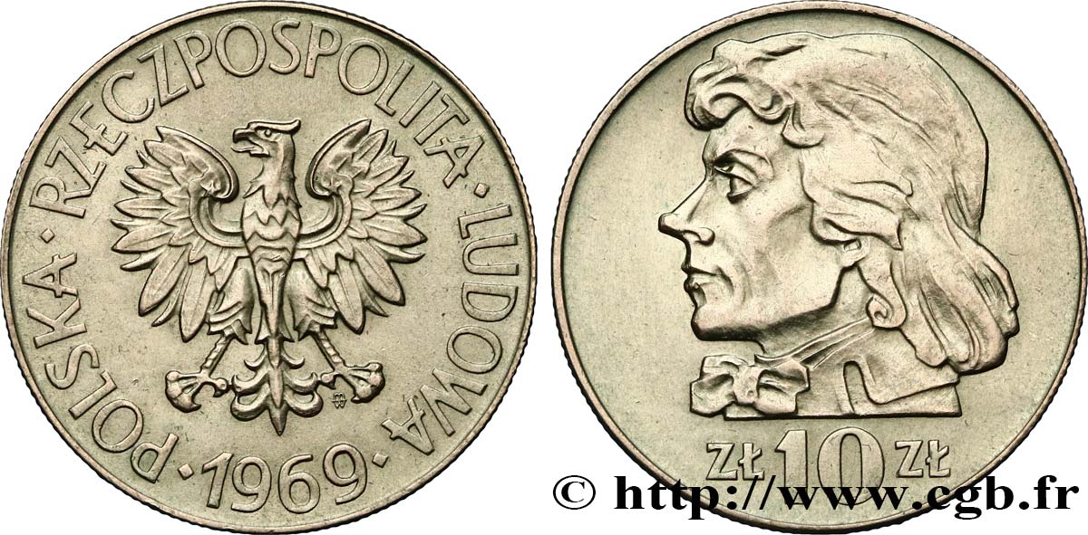 POLOGNE 10 Zlotych aigle / Tadeusz Kosciuszko, chef de l’insurrection polonaise de 1794 1969 Varsovie SUP 