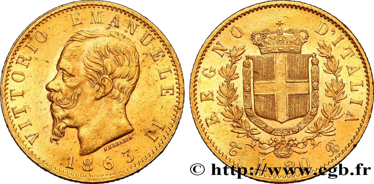 ITALIE - VICTOR EMMANUEL II 20 Lire 1863 Turin MS 