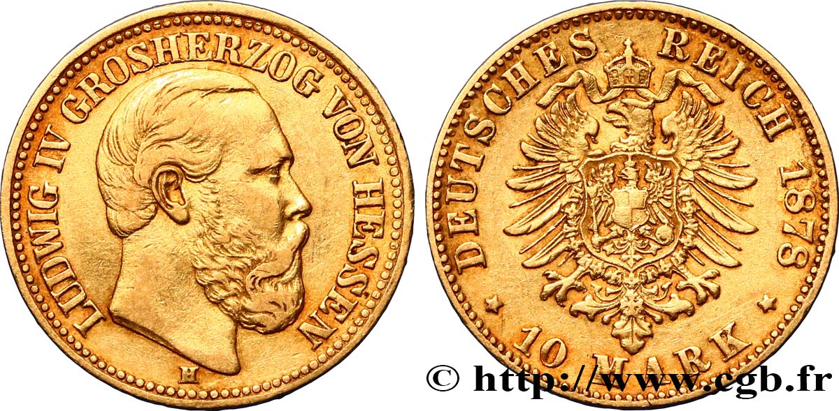 ALLEMAGNE - HESSE 10 Marks Louis IV 1878 Darmstadt TTB 
