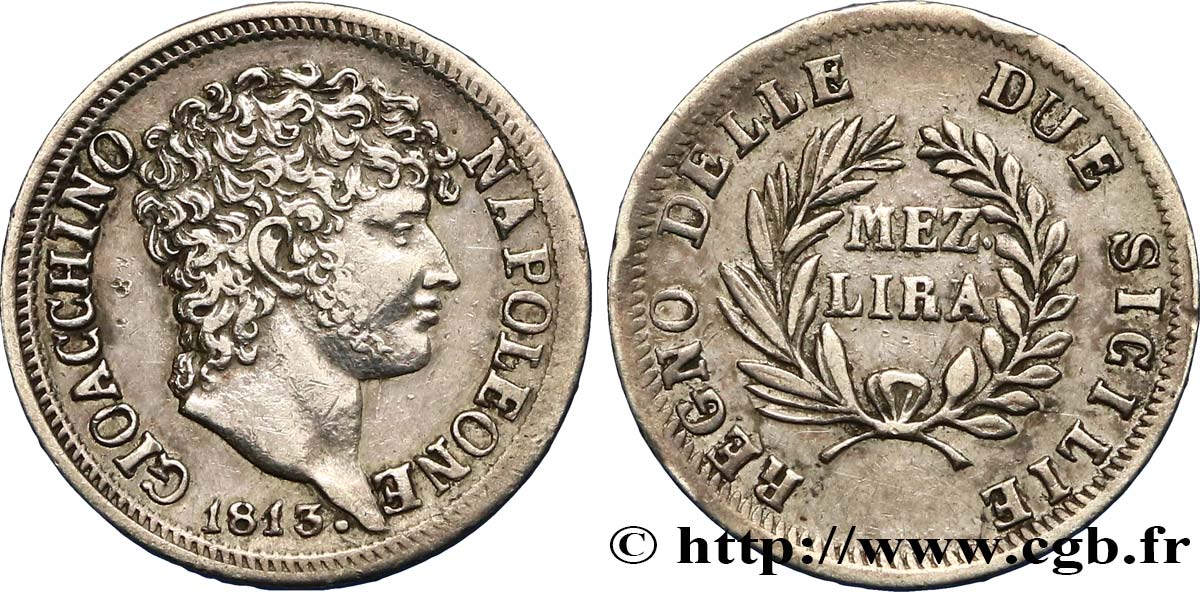 ITALY - KINGDOM OF NAPLES - JOACHIM MURAT 1/2 Lira 1813 Naples XF 