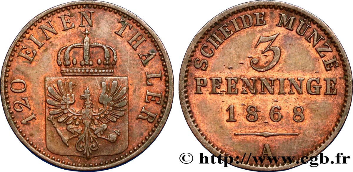ALLEMAGNE - PRUSSE 3 Pfenninge Royaume de Prusse écu à l’aigle 1868 Berlin TTB